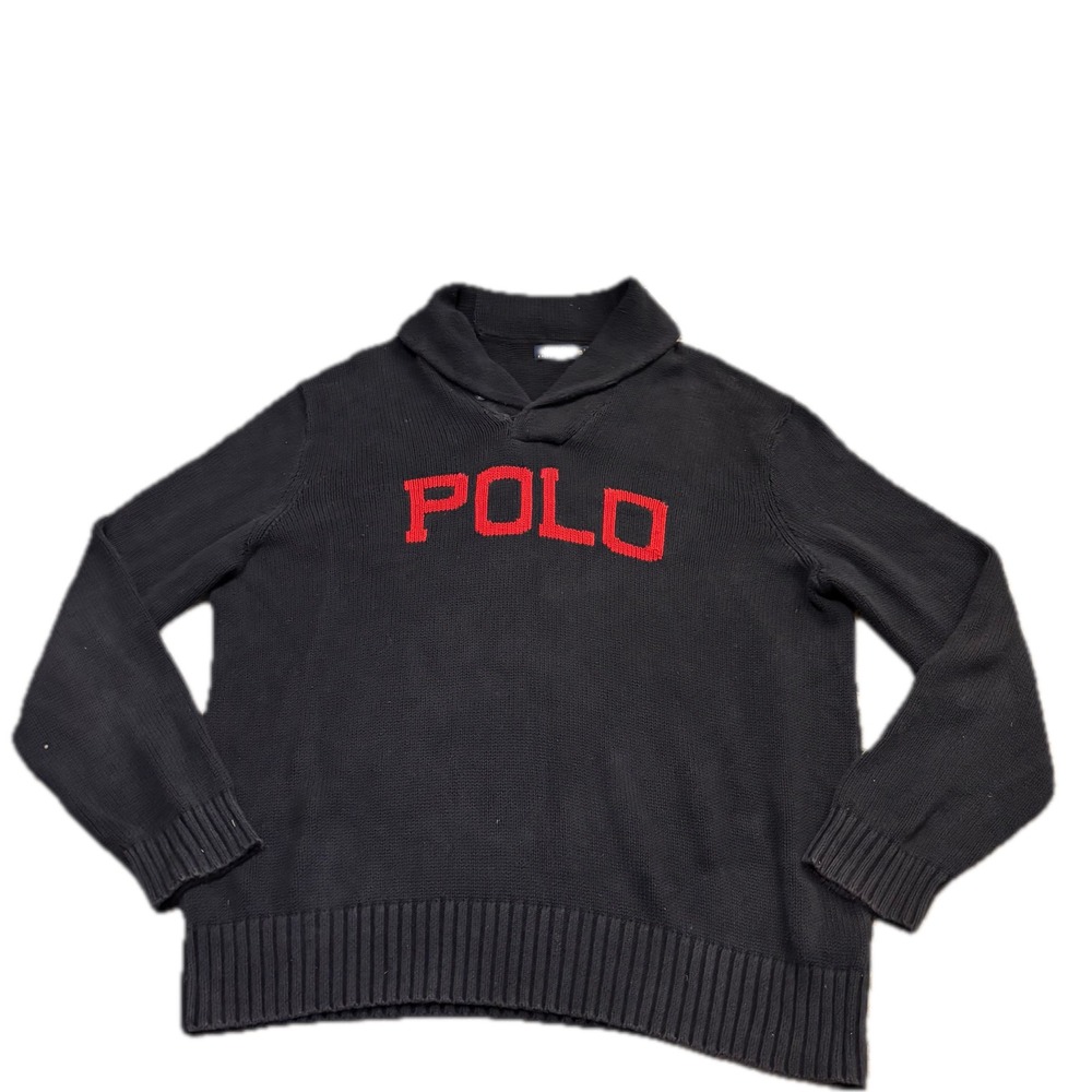 Polo Ralph Lauren Mens XXL Navy Blue Cotton Shawl Collar Logo Knit Sweater